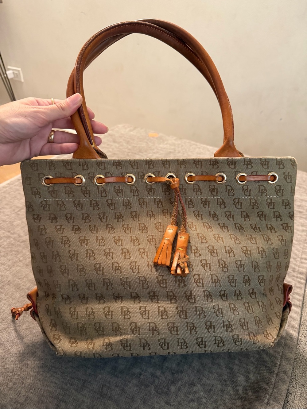 Designer Monogram Canvas Tote Bag in Beige and Brown